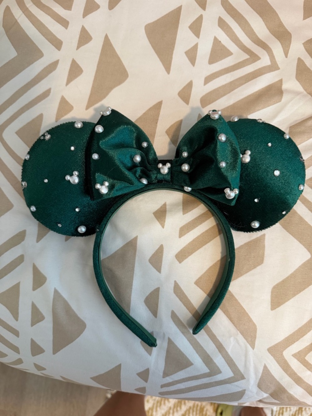 Emerald Green Satin Pearl Mouse Ear Headband